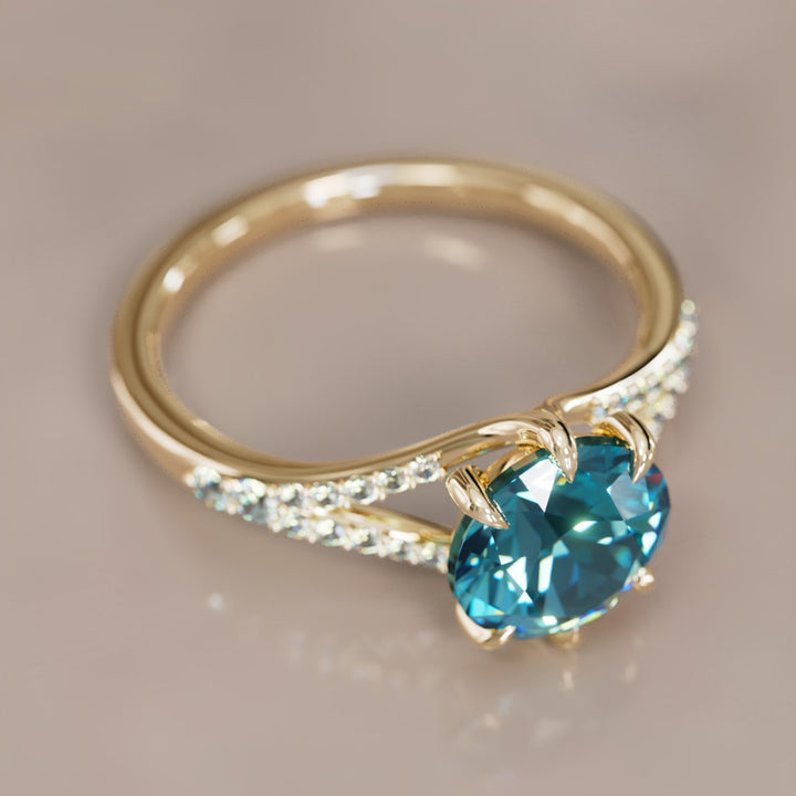 Amaya Round Blue Sapphire Modern Unique Split Shank Engagement Ring By Valley Rose