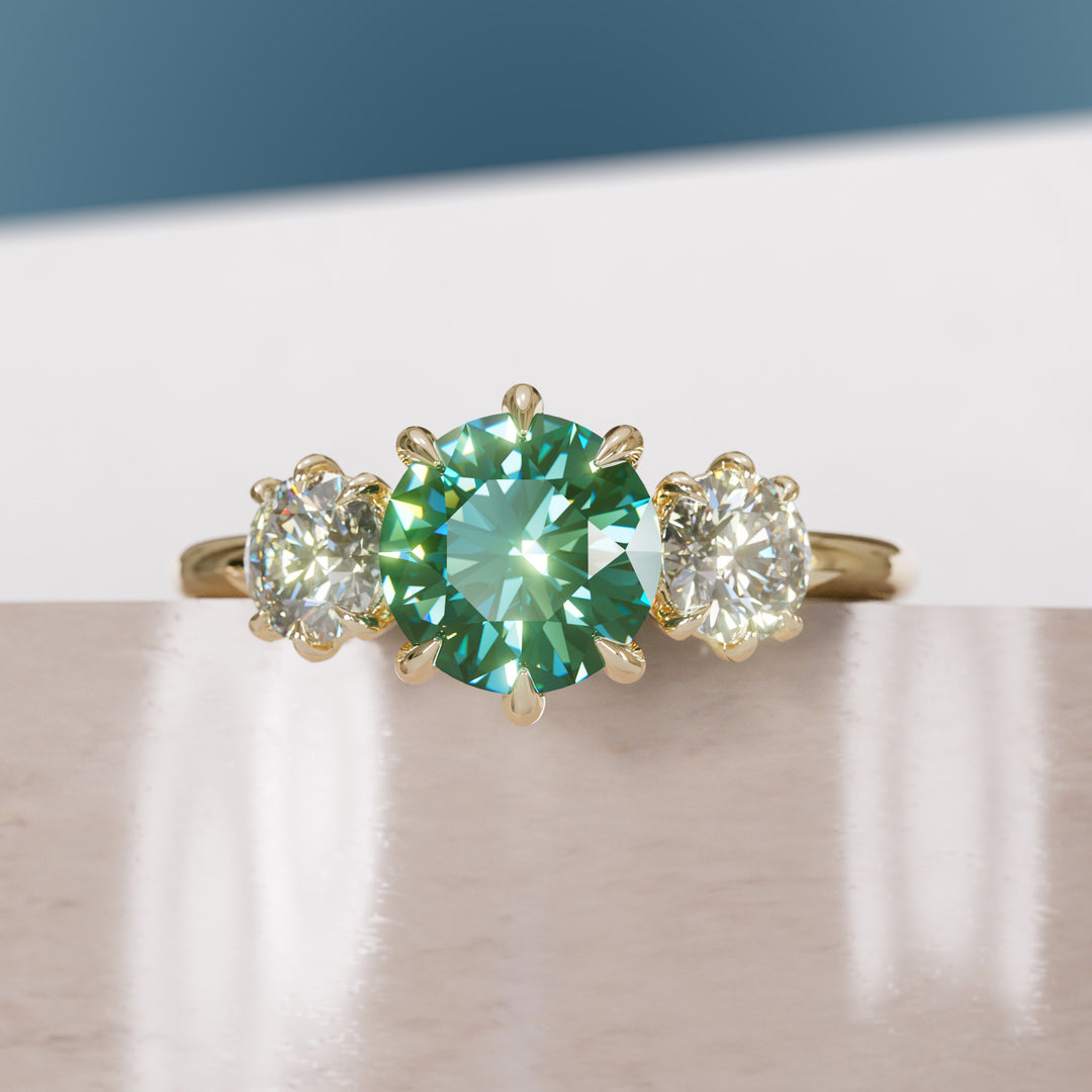 Three Stone Green Sapphire Engagement Ring with Diamonds By Valley Rose
