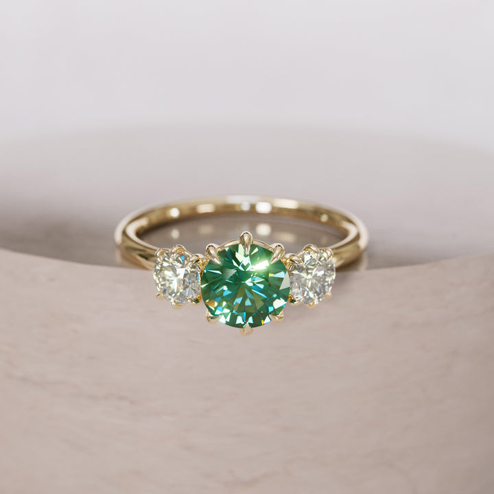 Three Stone Green Sapphire Engagement Ring with Diamonds By Valley Rose
