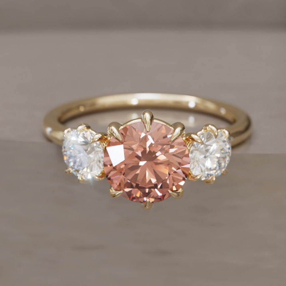 Amerie Unique Modern Round Cut Peach Lab Diamond Three Stone Engagement Ring By Valley Rose