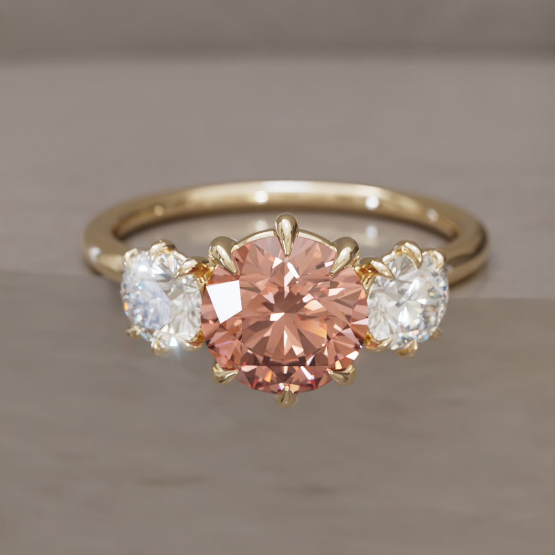 Amerie Unique Modern Round Cut Peach Lab Diamond Three Stone Engagement Ring By Valley Rose
