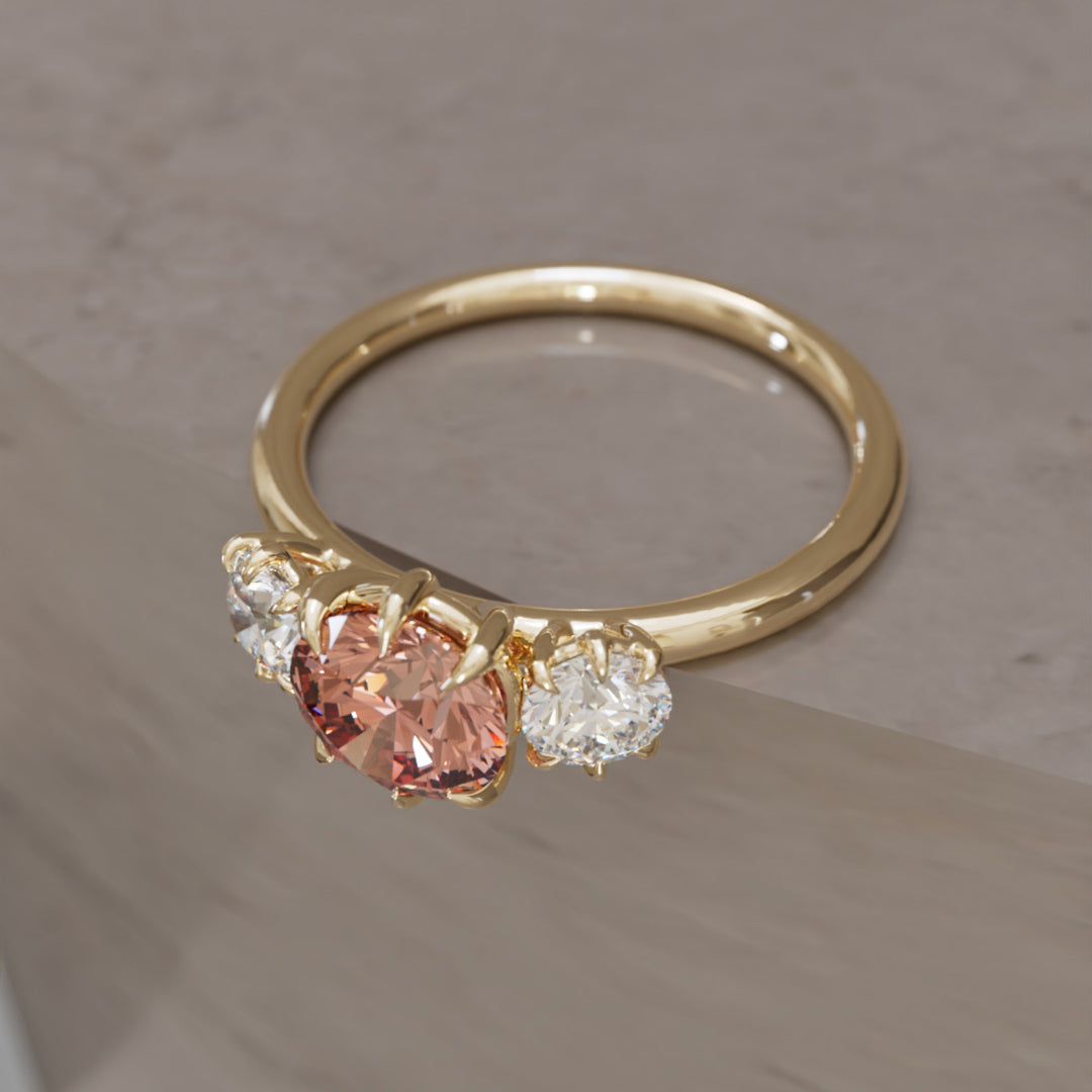 Amerie Unique Modern Round Cut Peach Lab Diamond Three Stone Engagement Ring By Valley Rose