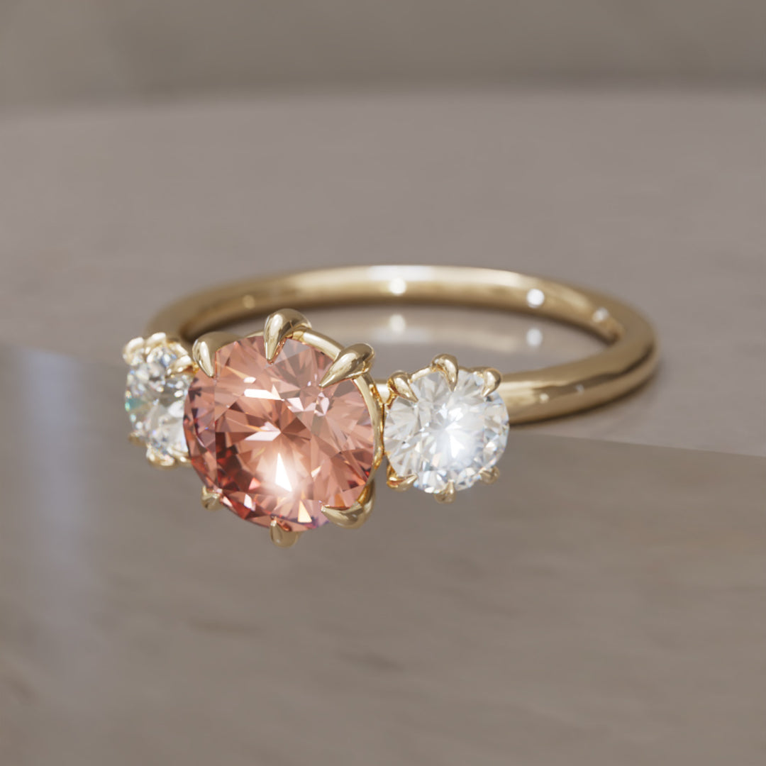 Amerie Unique Modern Round Cut Peach Lab Diamond Three Stone Engagement Ring By Valley Rose