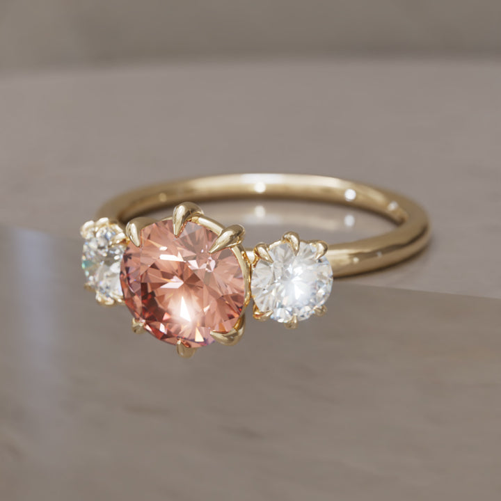 Amerie Unique Modern Round Cut Peach Lab Diamond Three Stone Engagement Ring By Valley Rose