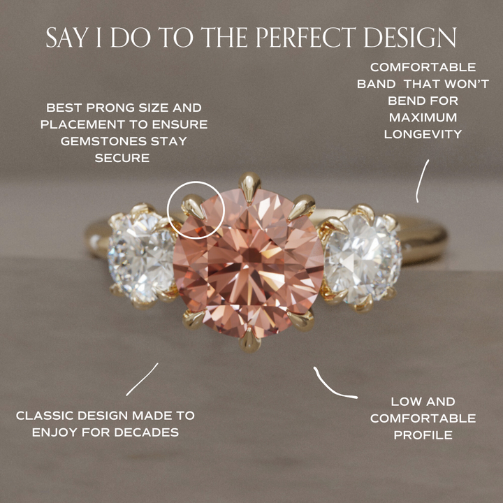 Amerie Unique Modern Round Cut Peach Lab Diamond Three Stone Engagement Ring By Valley Rose