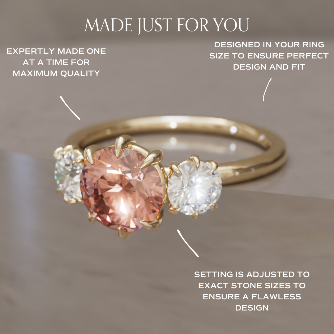 Amerie Unique Modern Round Cut Peach Lab Diamond Three Stone Engagement Ring By Valley Rose