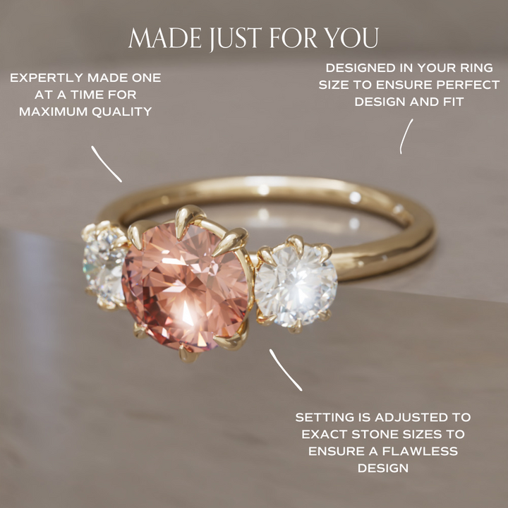 Amerie Unique Modern Round Cut Peach Lab Diamond Three Stone Engagement Ring By Valley Rose