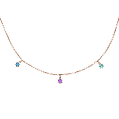 Aquarius Zodiac Gold Fringe Necklace with Amethyst, Tourmaline & Labradorite 16" Chain By Valley Rose Ethical Jewelry