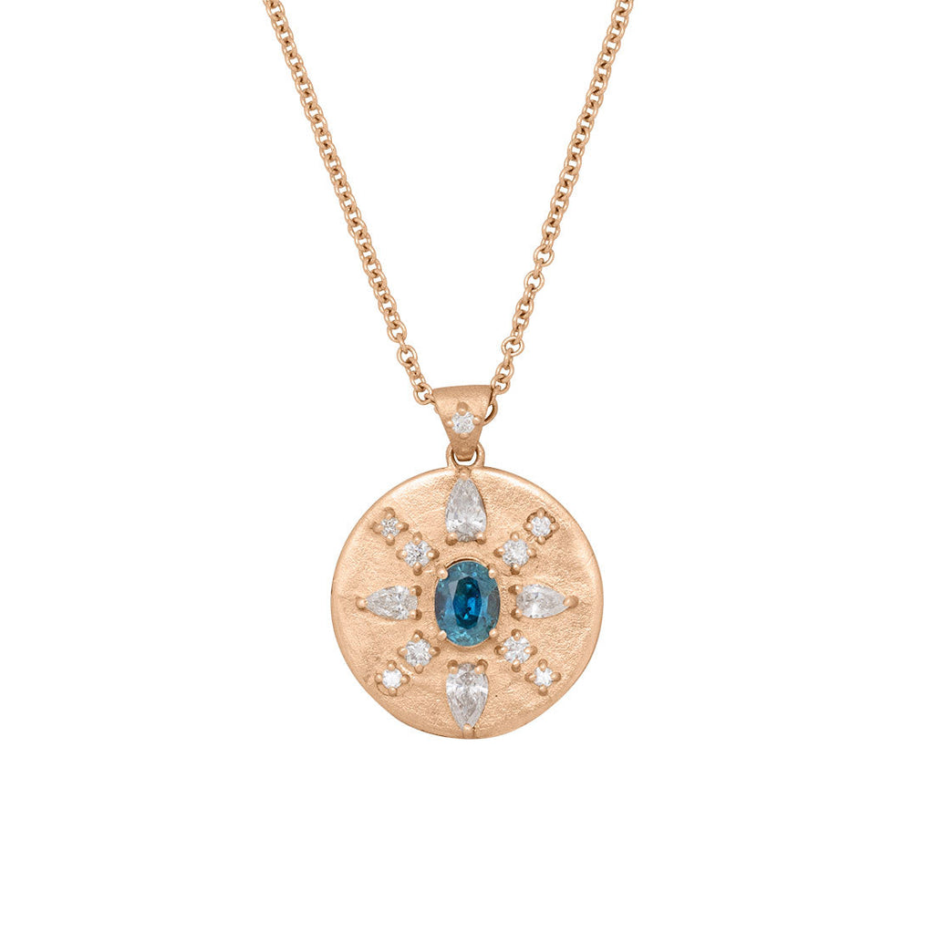 Oval Cut Blue Sapphire Coin Pendant with Diamonds in 14k Gold Teal Sapphire By Valley Rose Ethical Jewelry