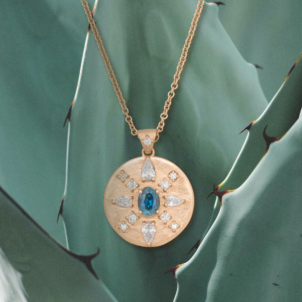 Oval Cut Blue Sapphire Coin Pendant with Diamonds in 14k Gold Teal Sapphire By Valley Rose Ethical Jewelry