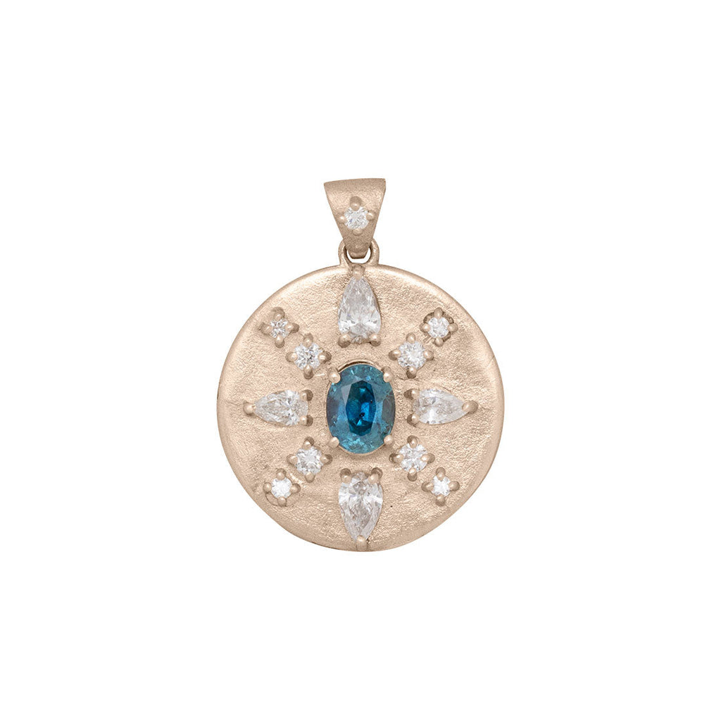 Oval Cut Blue Sapphire Coin Pendant with Diamonds in 14k Gold Teal Sapphire By Valley Rose Ethical Jewelry