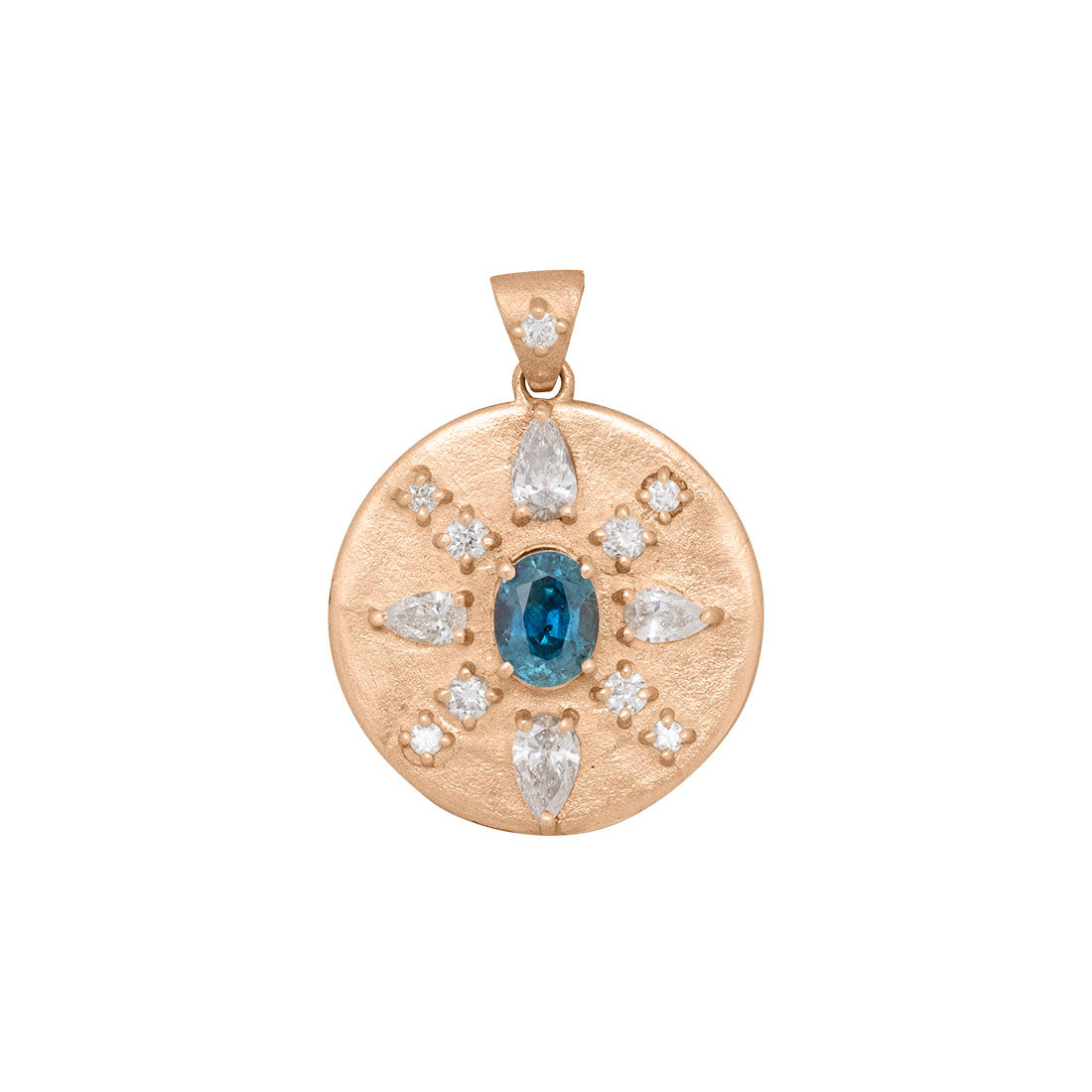 Oval Cut Blue Sapphire Coin Pendant with Diamonds in 14k