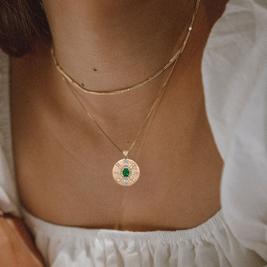 Oval Cut EmeraldCoin Pendant with Diamonds in 14k Gold By Valley Rose Ethical Jewelry