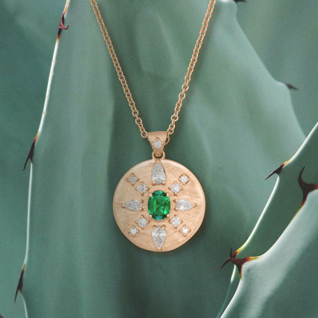 Oval Cut EmeraldCoin Pendant with Diamonds in 14k Gold By Valley Rose Ethical Jewelry