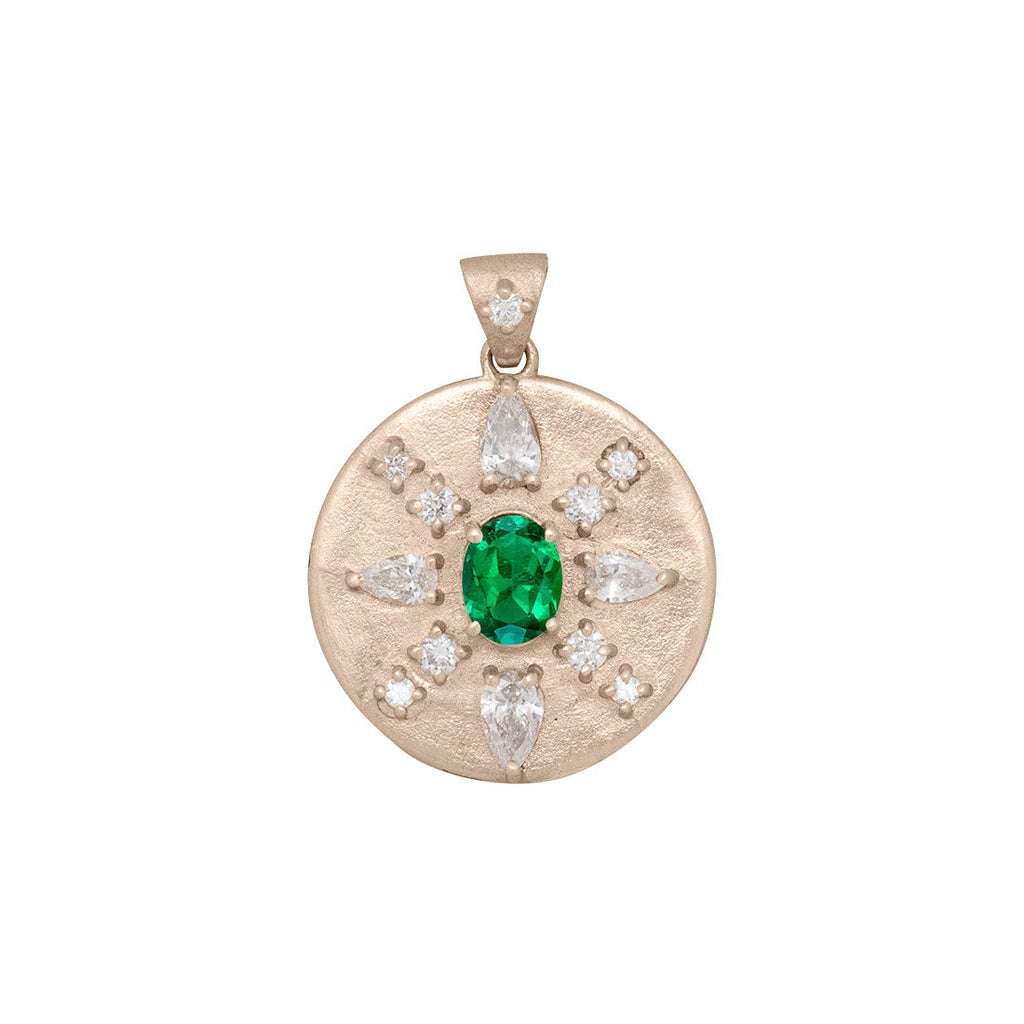 Oval Cut EmeraldCoin Pendant with Diamonds in 14k Gold By Valley Rose Ethical Jewelry