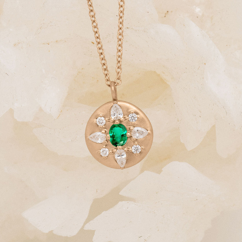 Oval Cut Blue Emerald Pendant with Diamonds in 14k Gold By Valley Rose Ethical Jewelry