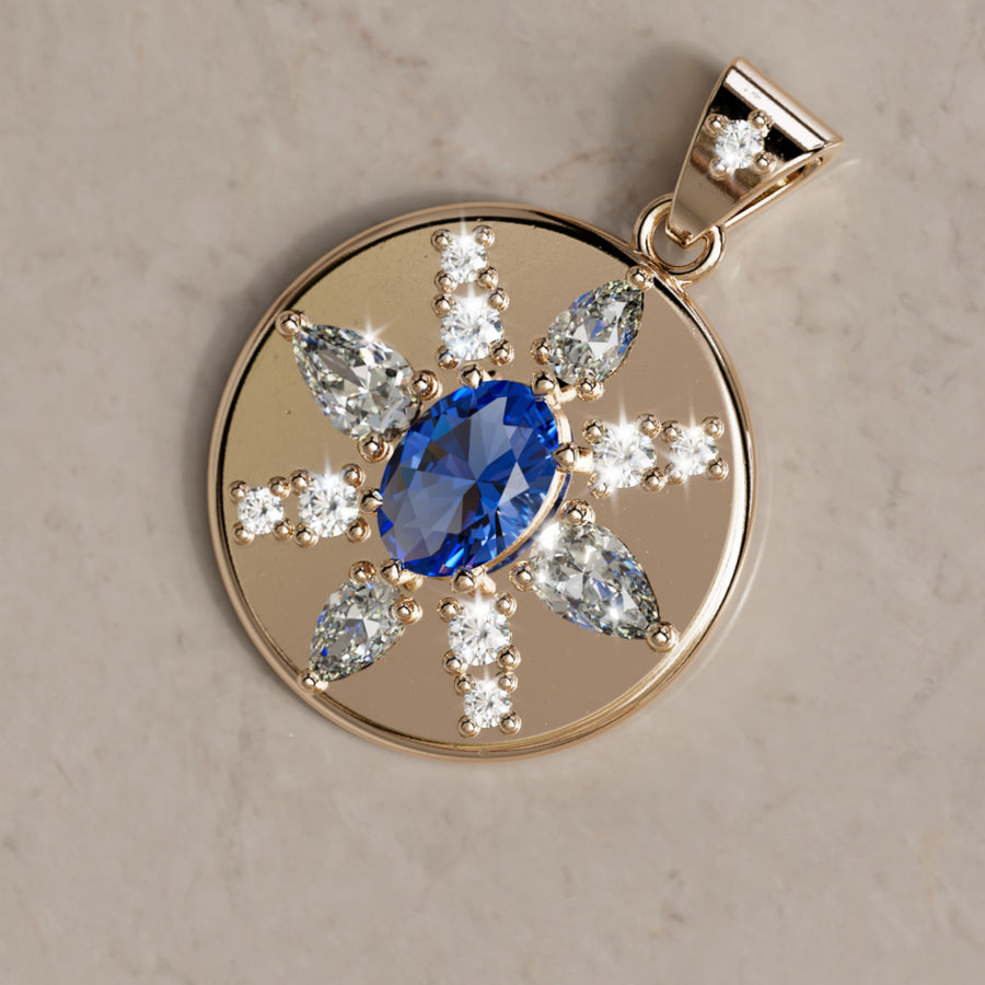 Ovaal geslepen blauwe saffier munt hanger met diamanten in 14k goud ...