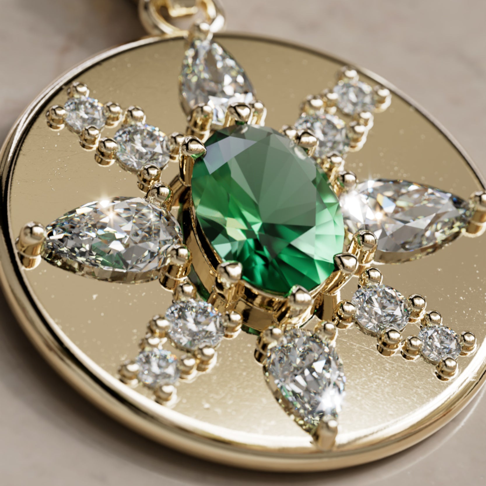 Oval Cut EmeraldCoin Pendant with Diamonds in 14k Gold – Valley Rose
