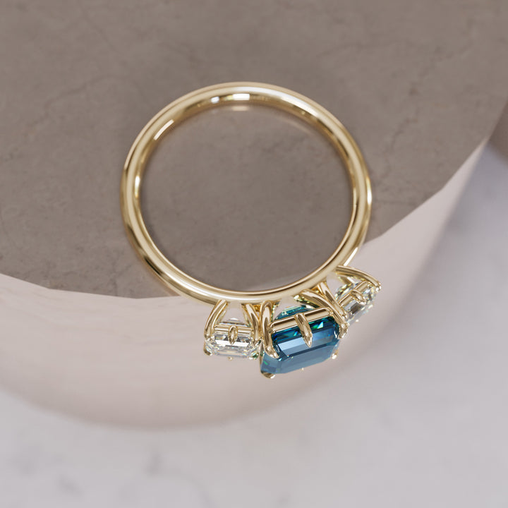 Ari Asscher Cut Blue Sapphire Modern Unique Three Stone Engagement Ring By Valley Rose