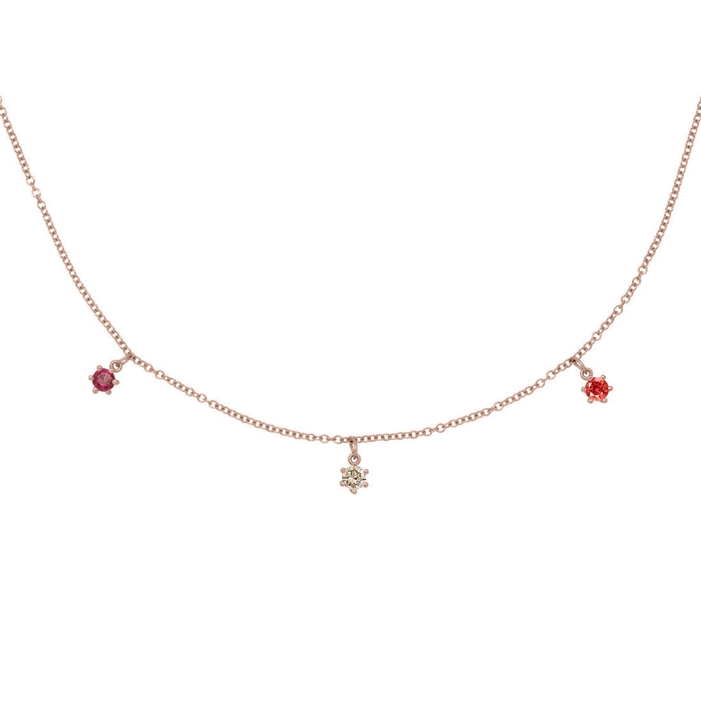 Aries Zodiac Gold Fringe Necklace with Birth Chart Gemstones Champagne Diamond and Garnets 16