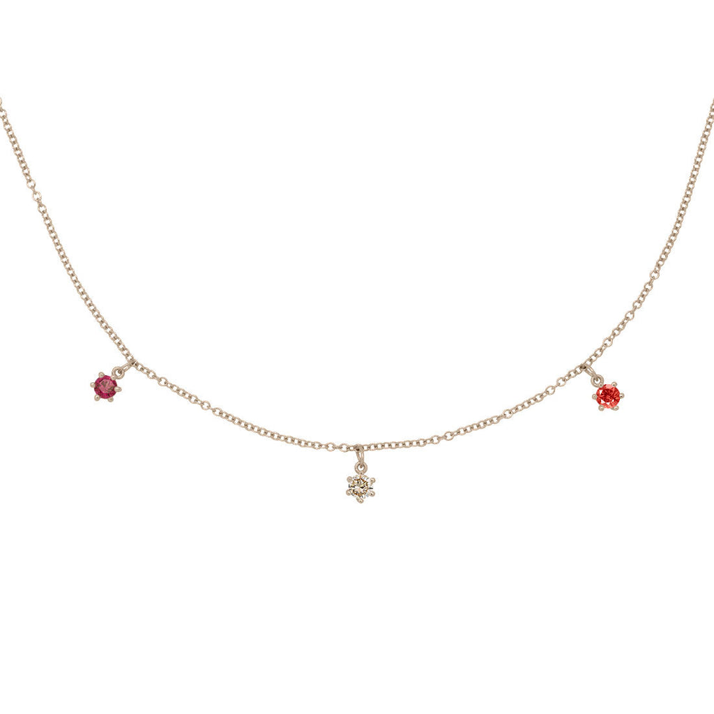 Aries Zodiac Gold Fringe Necklace with Birth Chart Gemstones Champagne Diamond and Garnets 16