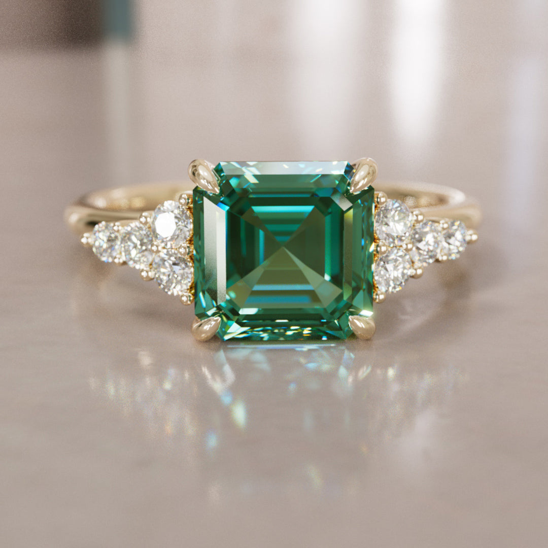 Unique Green Sapphire and Diamond Engagement Ring, Asscher Cut Three Stone By Valley Rose