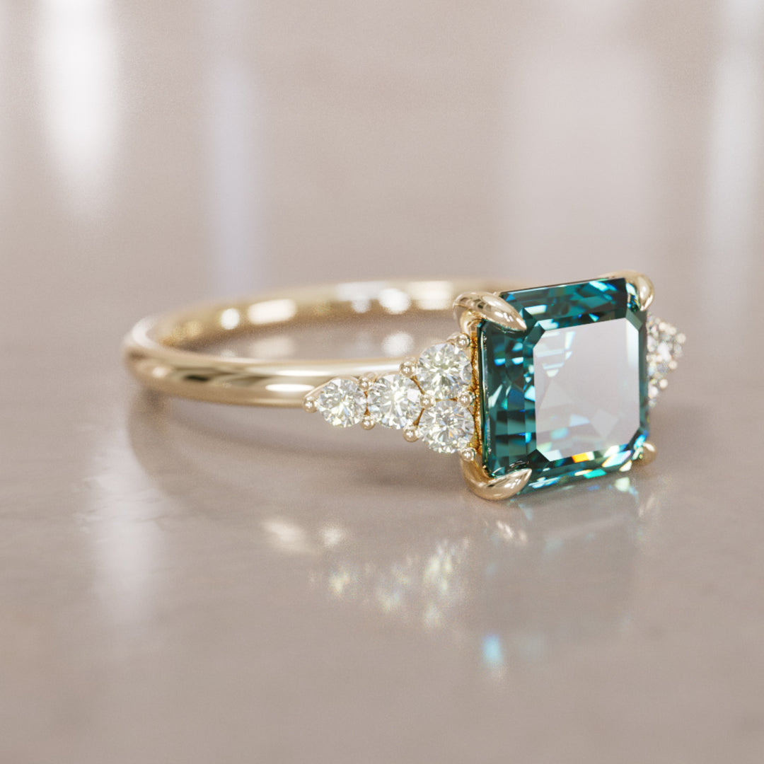 Unique Teal Sapphire and Diamond Engagement Ring, Asscher Cut Three Stone By Valley Rose