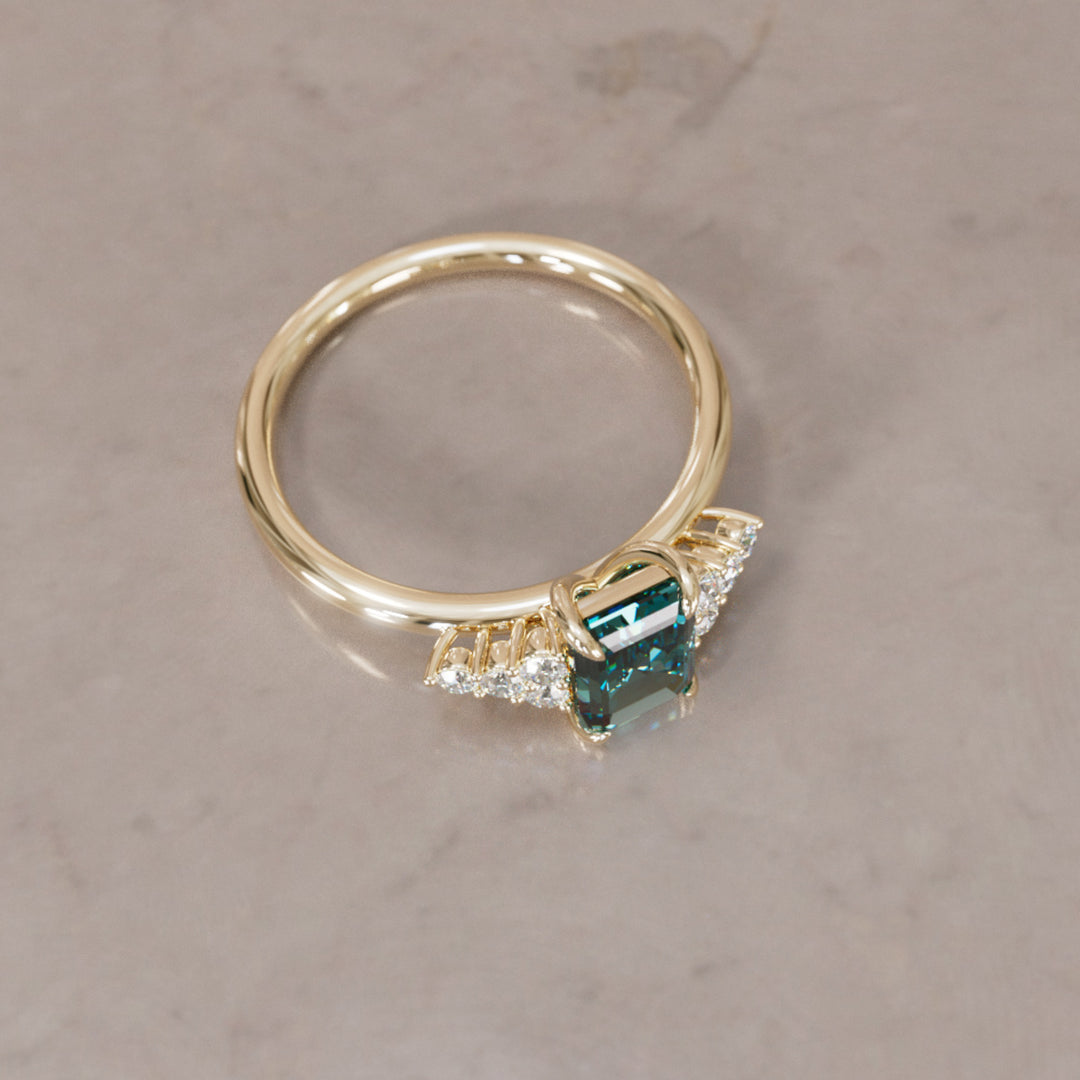 Unique Teal Sapphire and Diamond Engagement Ring, Asscher Cut Three Stone By Valley Rose