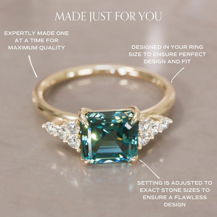 Unique Teal Sapphire and Diamond Engagement Ring, Asscher Cut Three Stone By Valley Rose