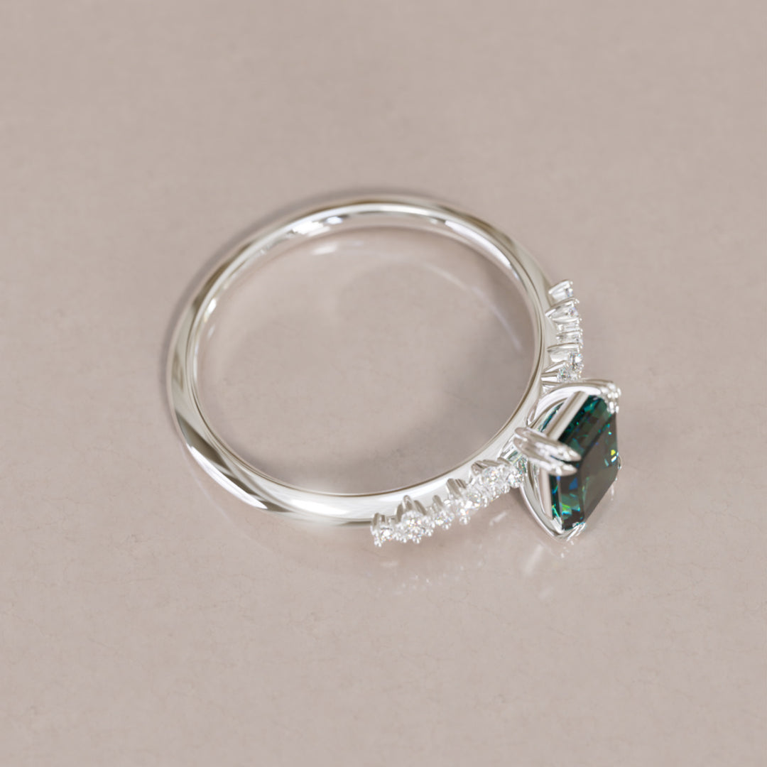Celestial Engagement Ring with Emerald Cut Teal Sapphire and Diamonds By Valley Rose