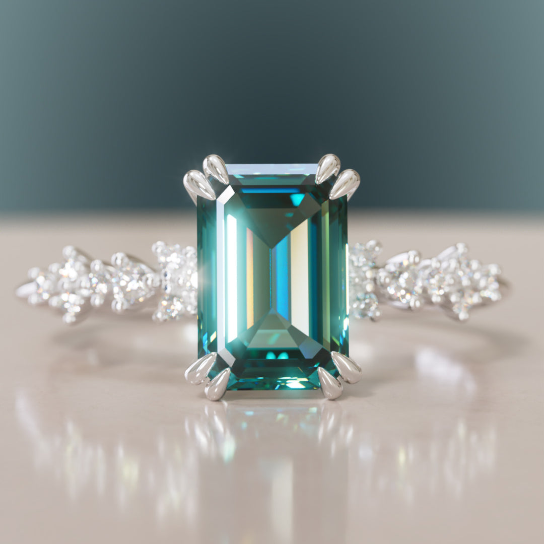 Celestial Engagement Ring with Emerald Cut Teal Sapphire and Diamonds By Valley Rose