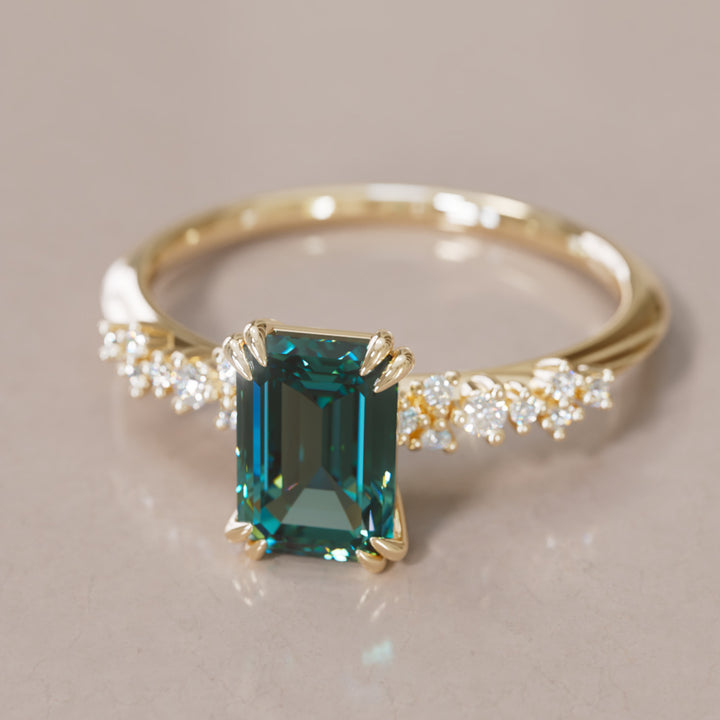 Celestial Engagement Ring with Emerald Cut Teal Sapphire and Diamonds By Valley Rose