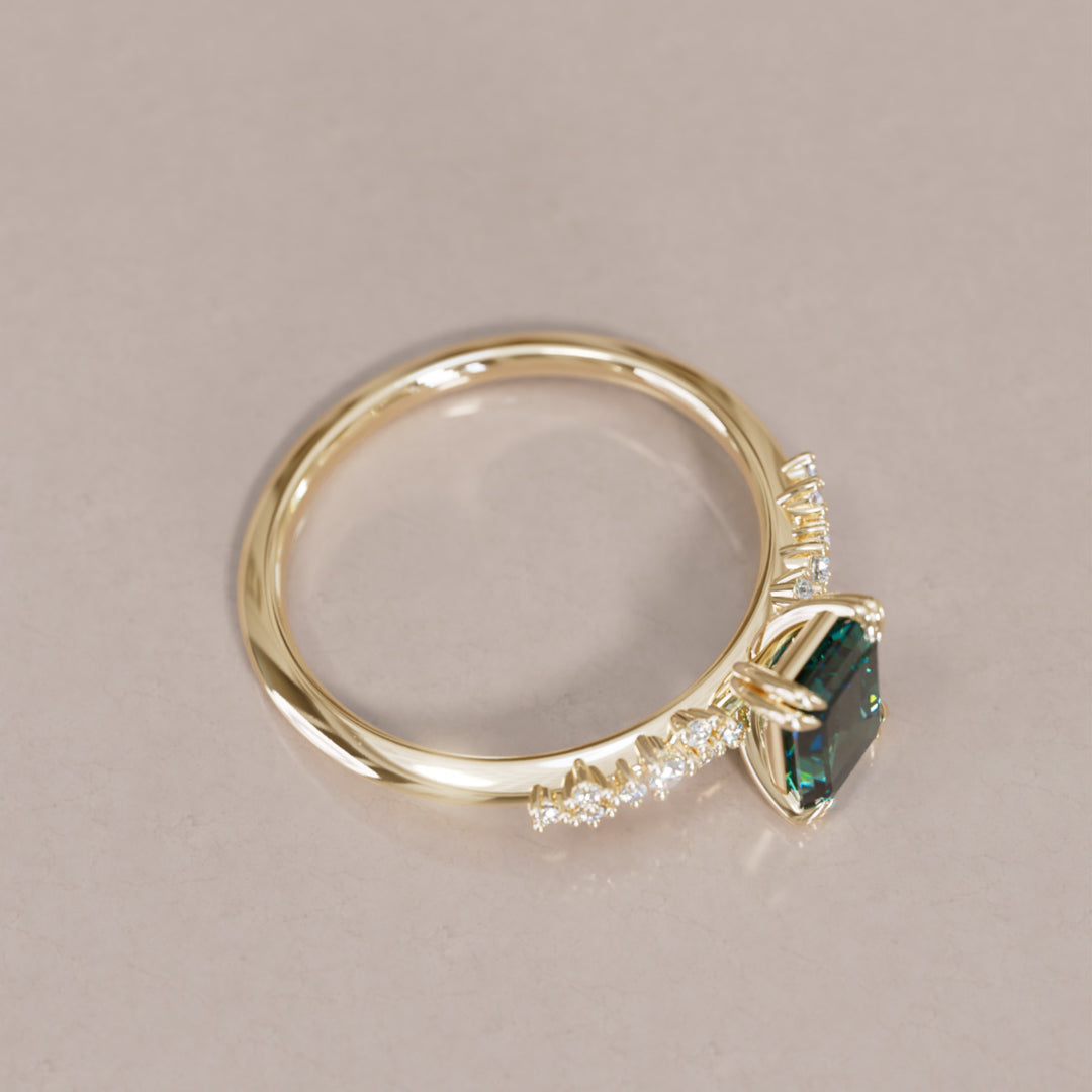 Celestial Engagement Ring with Emerald Cut Teal Sapphire and Diamonds By Valley Rose