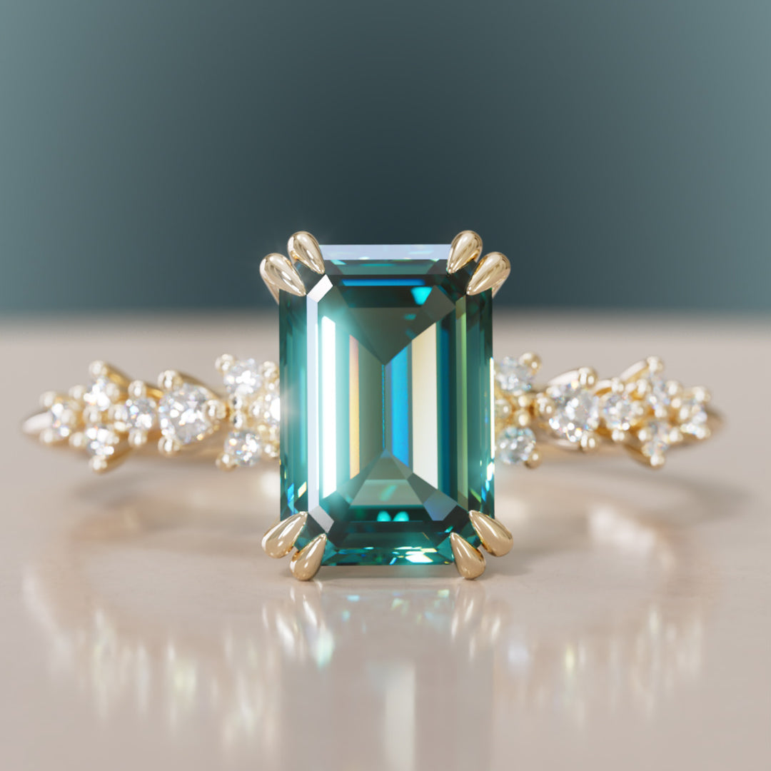 Celestial Engagement Ring with Emerald Cut Teal Sapphire and Diamonds By Valley Rose