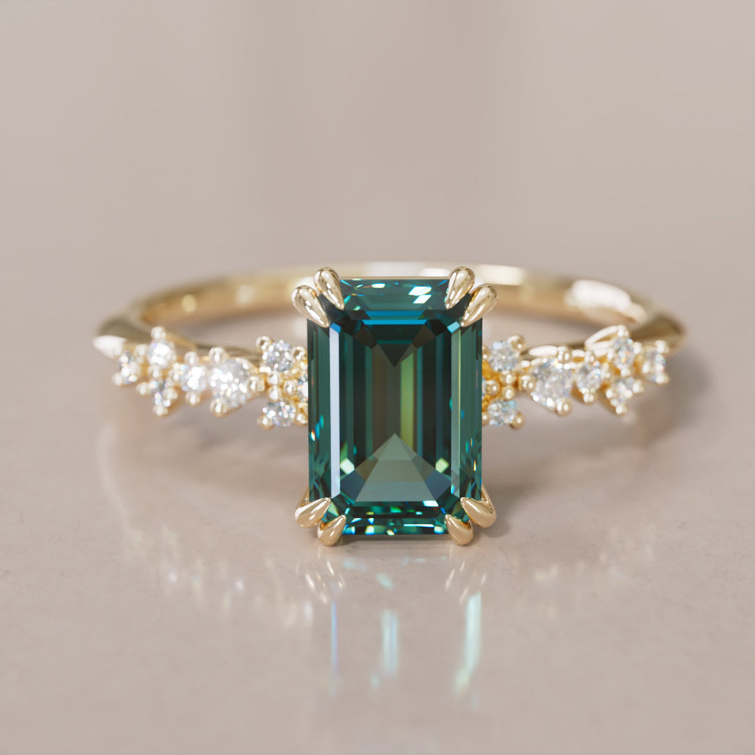 Celestial Engagement Ring with Emerald Cut Teal Sapphire and Diamonds By Valley Rose