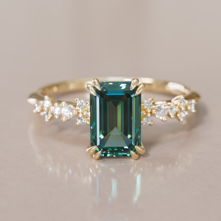 Celestial Engagement Ring with Emerald Cut Teal Sapphire and Diamonds By Valley Rose
