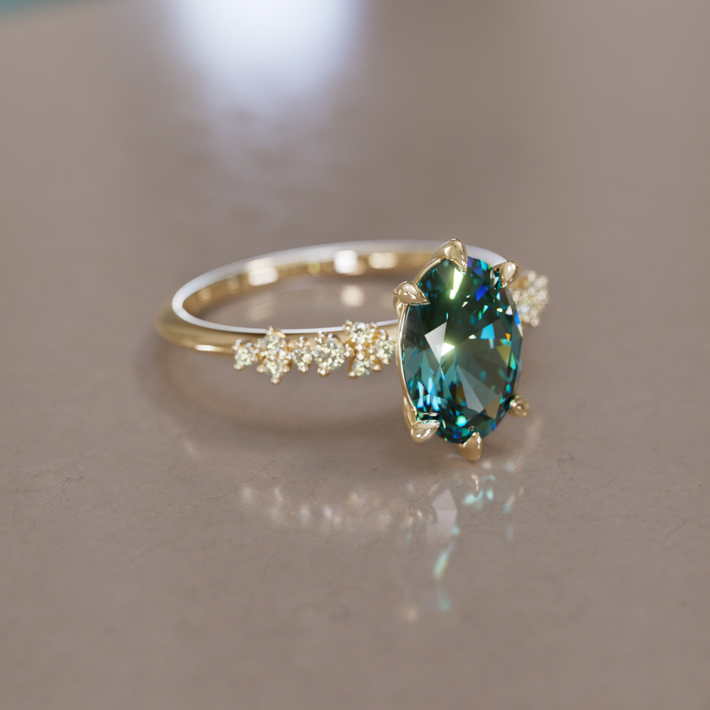 Celestial Engagement Ring with Oval Teal Sapphire and Diamonds By Valley Rose