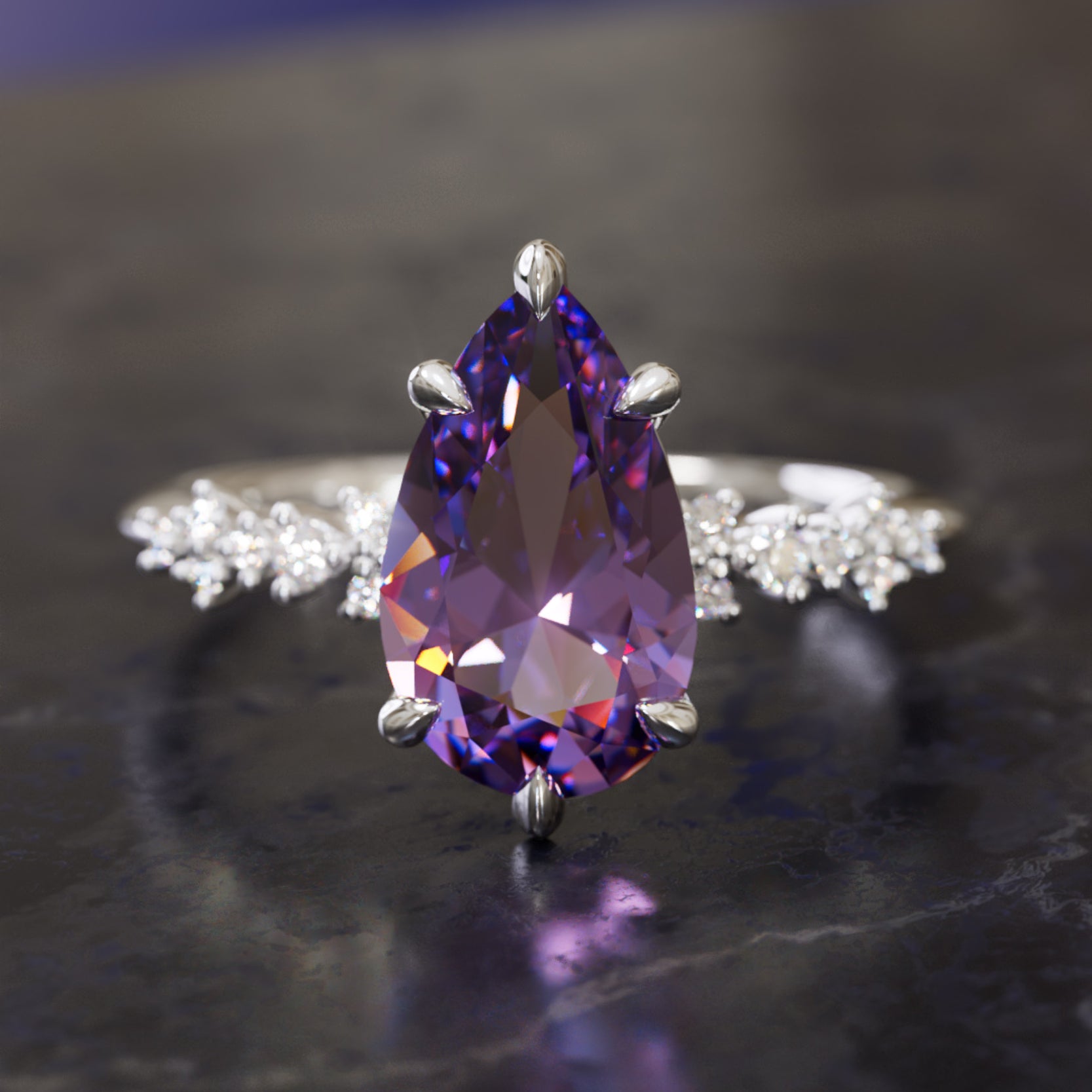 Witchy Engagement Ring with Pear Purple Sapphire and Diamonds