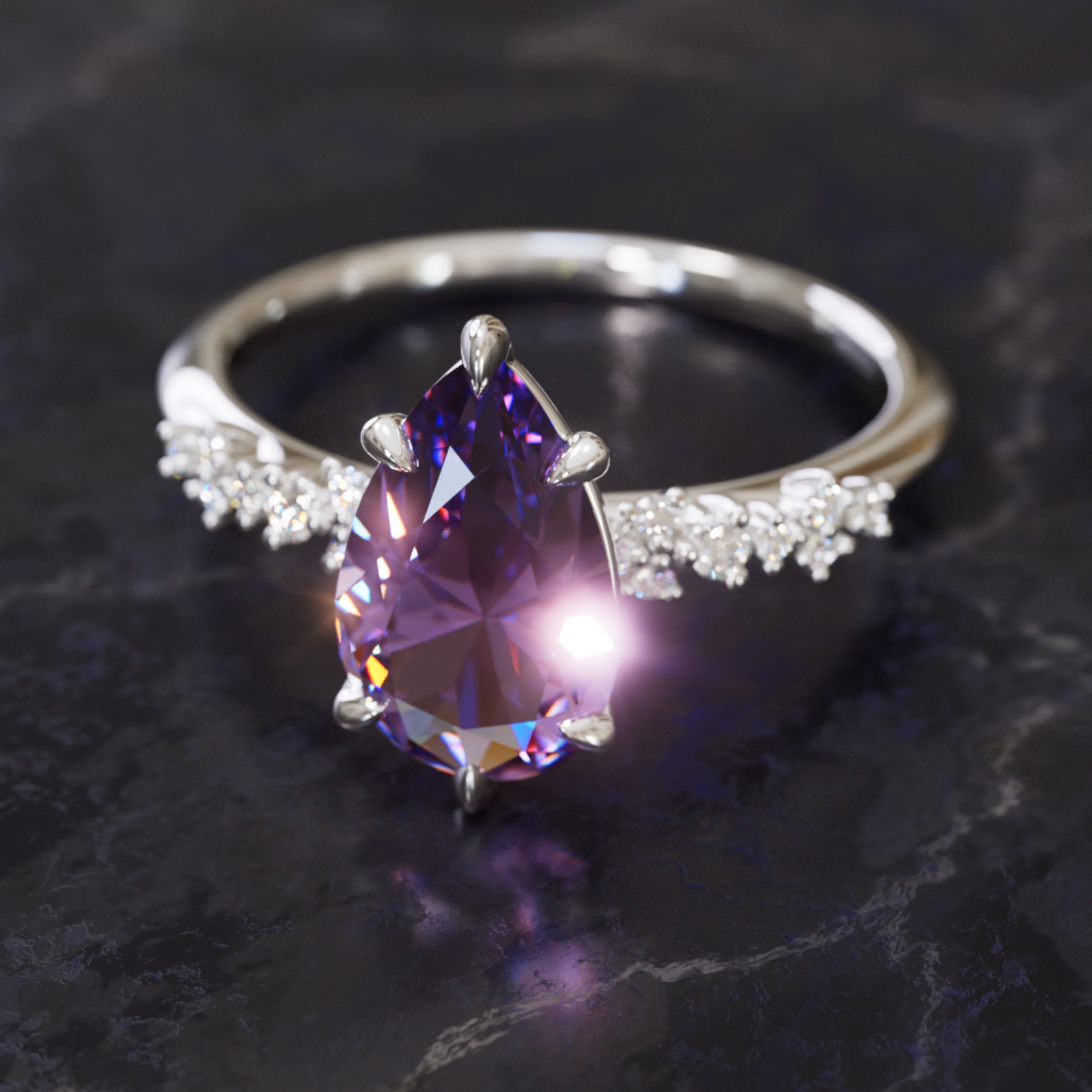 Witchy Engagement Ring with Pear Purple Sapphire and Diamonds
