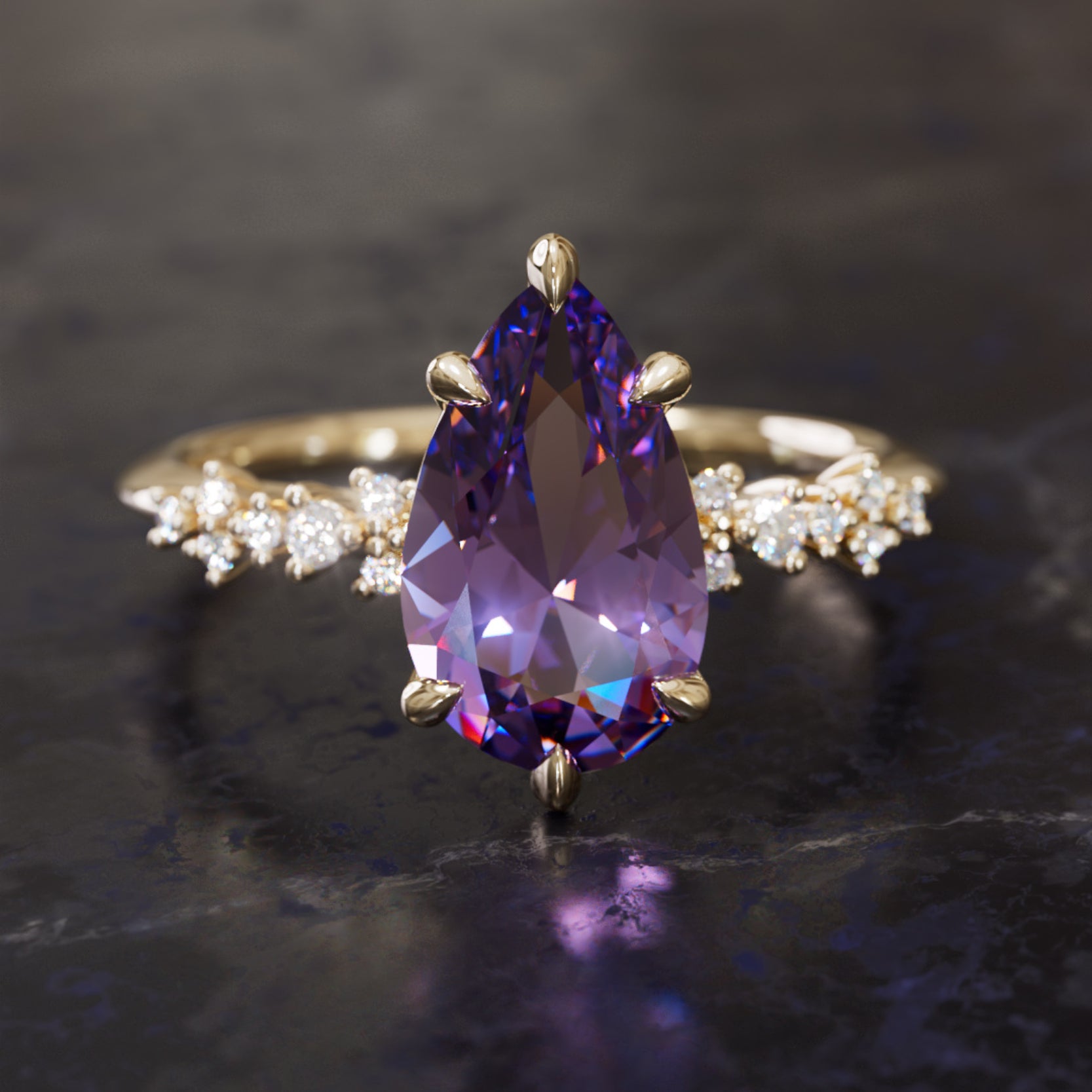 Witchy Engagement Ring with Pear Purple Sapphire and Diamonds