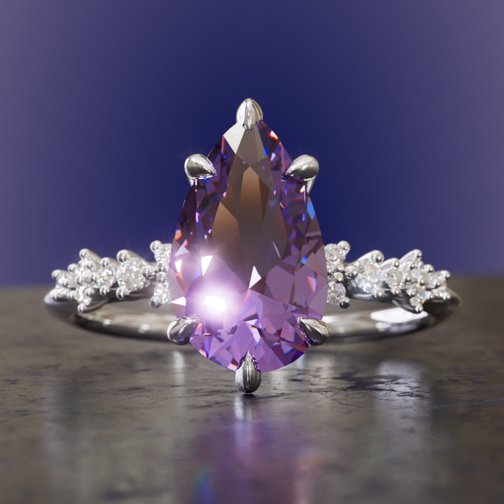 Witchy Engagement Ring with Pear Purple Sapphire and Diamonds