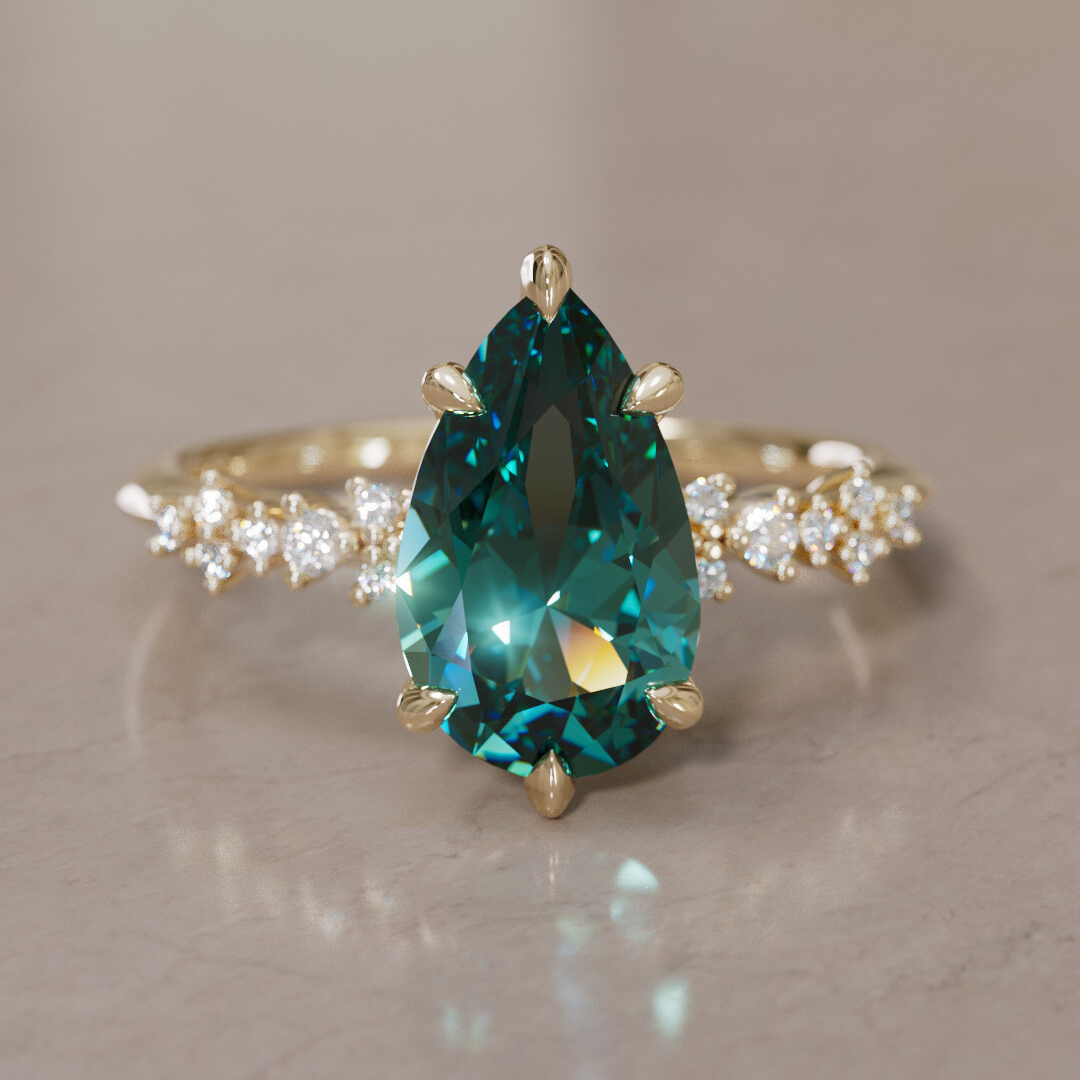 Celestial Engagement Ring with Pear Teal Sapphire and Diamonds By Valley Rose