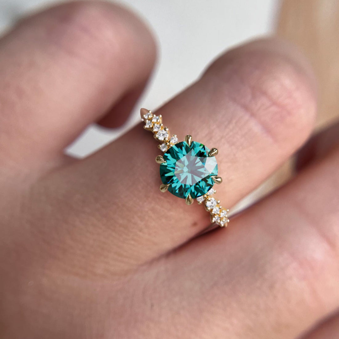 Astrid Round Teal Sapphire Unique Celestial Engagement Ring By Valley Rose