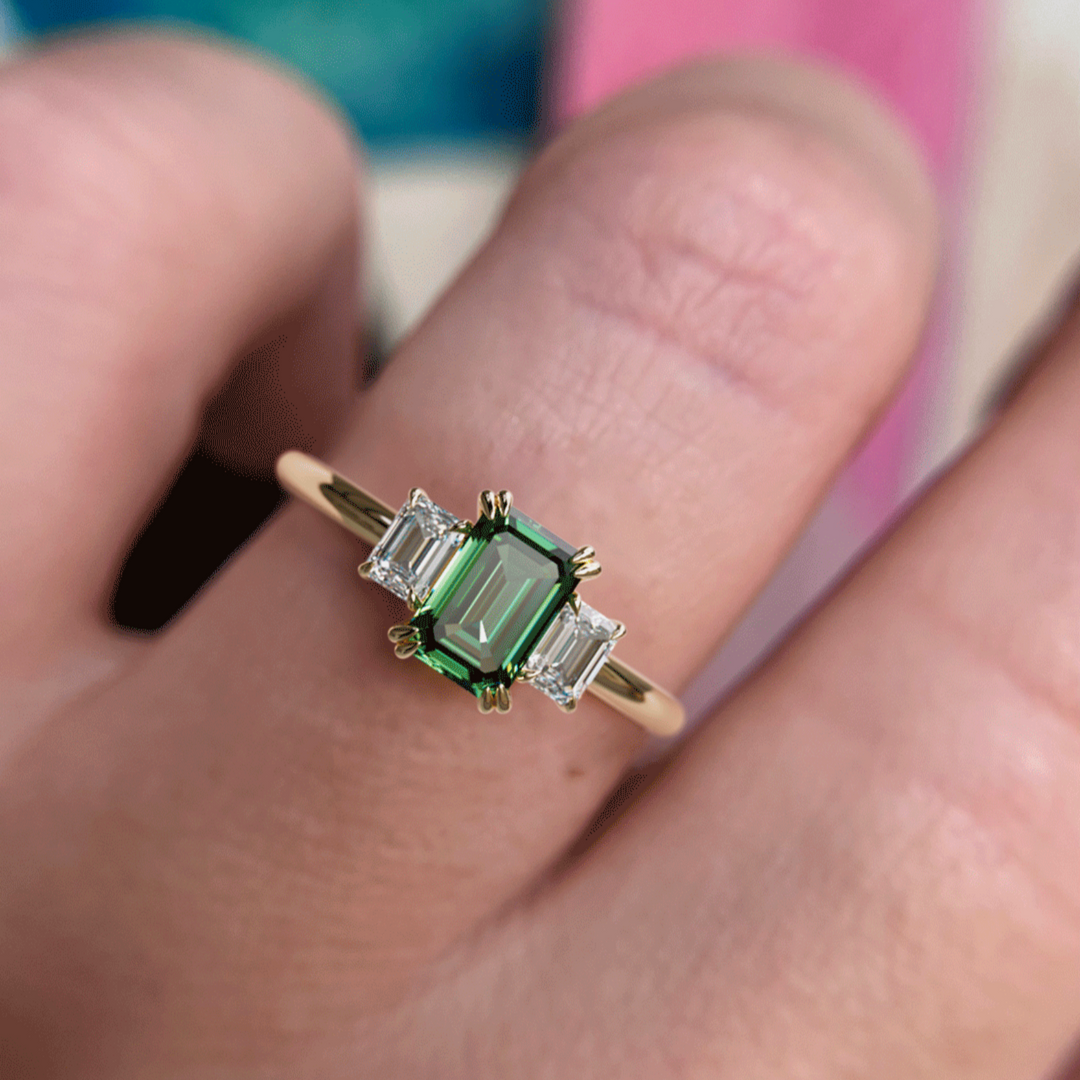 Atlahua Emerald Cut Green Sapphire Unique Art Deco Three Stone Engagement Ring