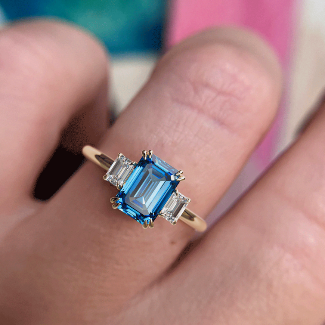 Atlahua Emerald Cut Blue Sapphire Unique Art Deco Three Stone Engagement Ring By Valley Rose