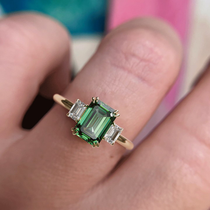 Atlahua Emerald Cut Green Sapphire Unique Art Deco Three Stone Engagement Ring