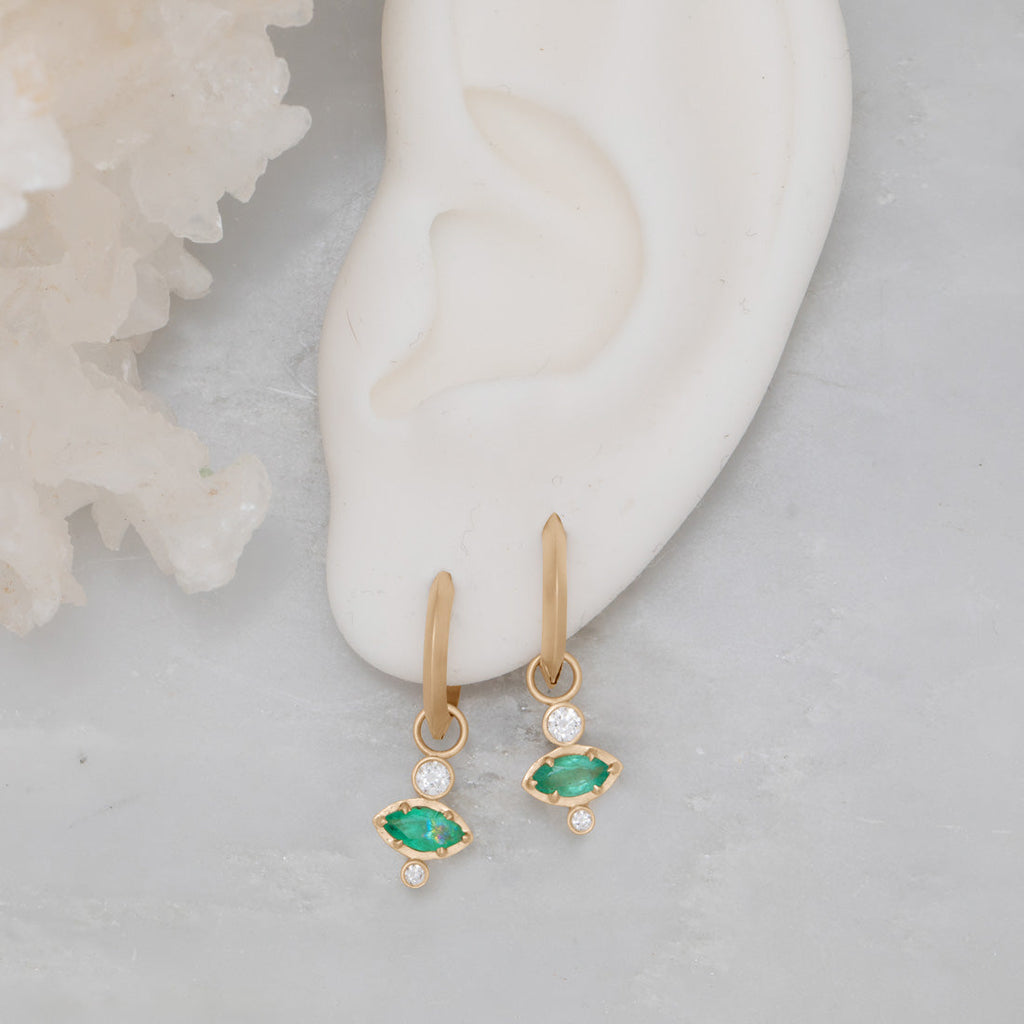 Marquise Cut Emerald Gold Earring Charms for Clicker Hoops By Valley Rose Ethical Jewelry