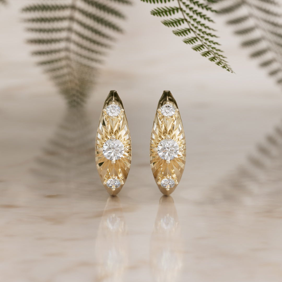 Aurora Fluted Lab Diamond Clicker Hoop Unique Earrings 14k Yellow Gold (Ready to Ship)