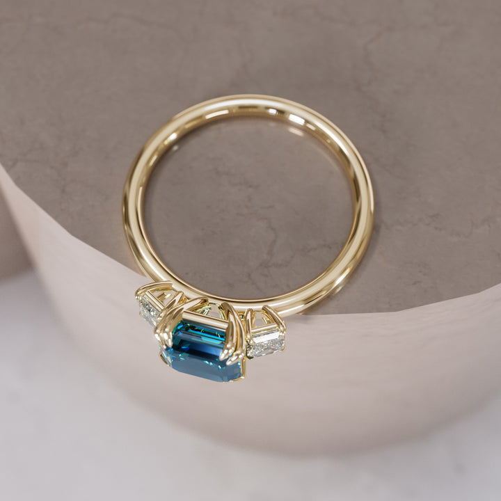 Aysel Asscher Cut Blue Sapphire Modern Unique Three Stone Engagement Ring By Valley Rose