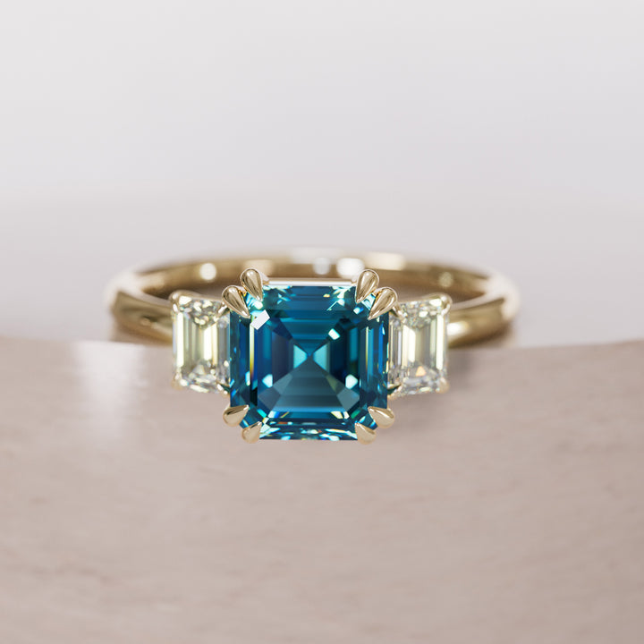 Aysel Asscher Cut Blue Sapphire Modern Unique Three Stone Engagement Ring By Valley Rose